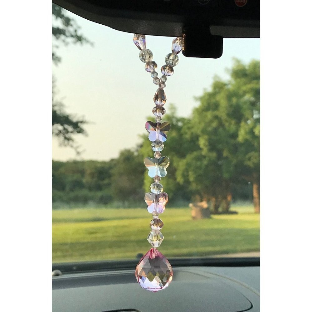 Beaded Suncatcher Car Charm Rearview Mirror Ornament Butterfly PinkCrystal Prism